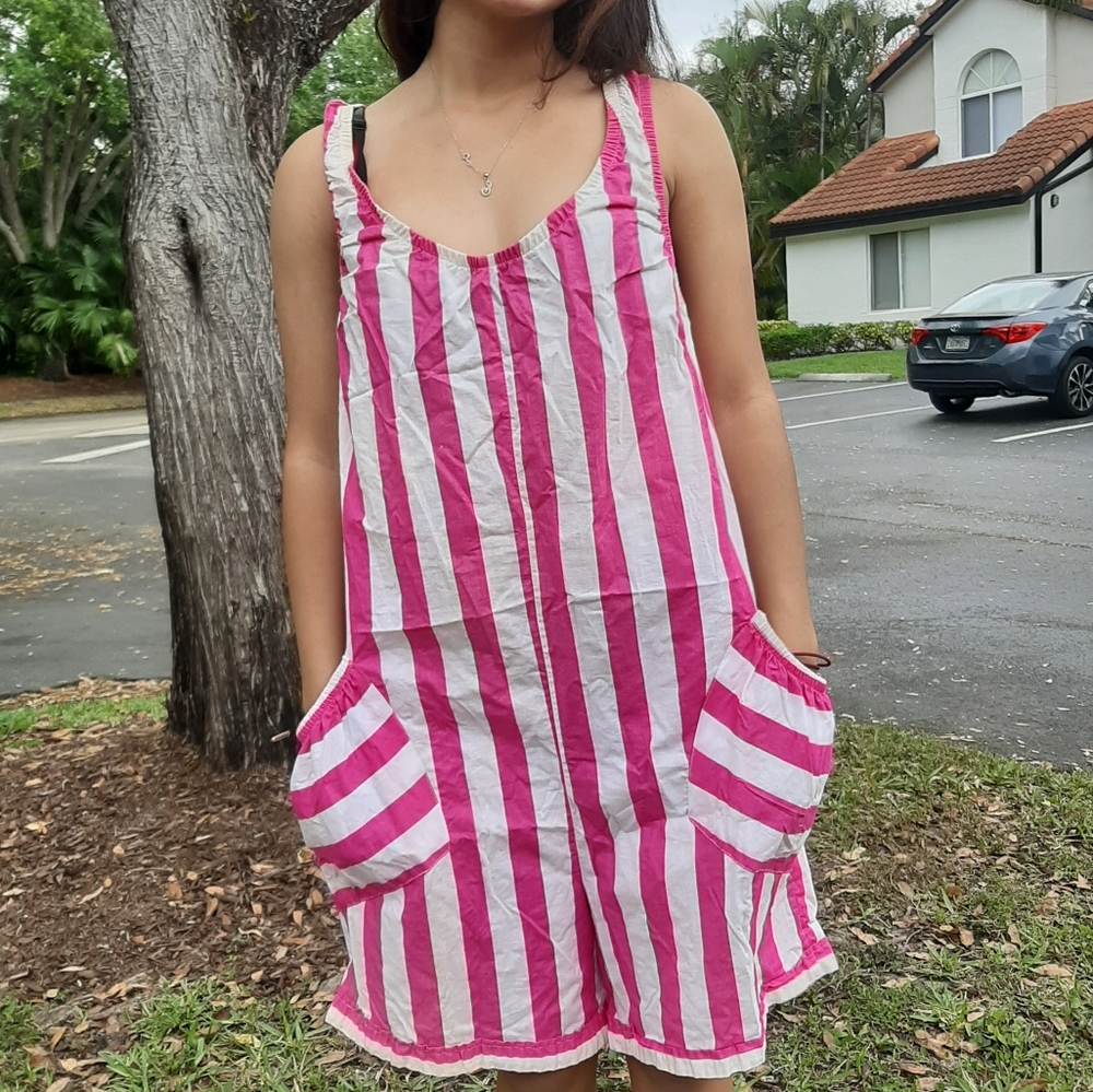 Vintage 80s Romper Jumper One Piece Pink White 90s - Picture 4 of 8